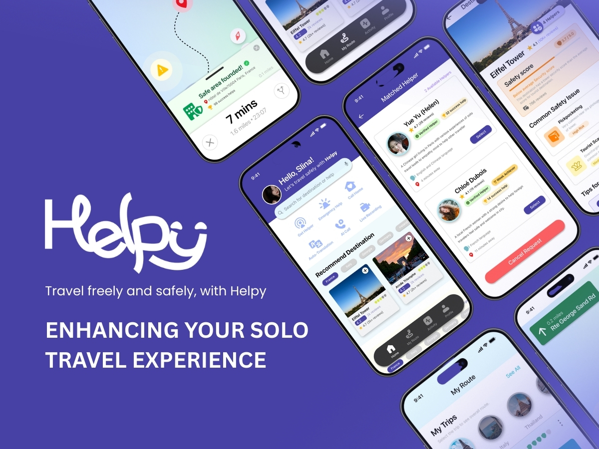 Helpy, a mobile application showcasing features for safe and enhanced female solo travel experiences.