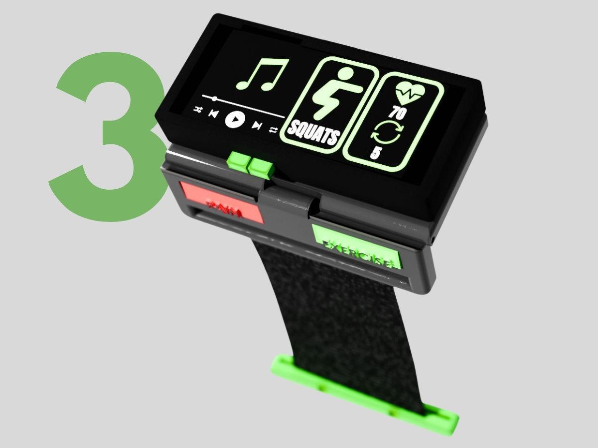 External Device: This is the visible, multifunctional unit that clips on. It houses the screen, controls, IMU, microphone, and battery, allowing for easy user interaction and versatility.