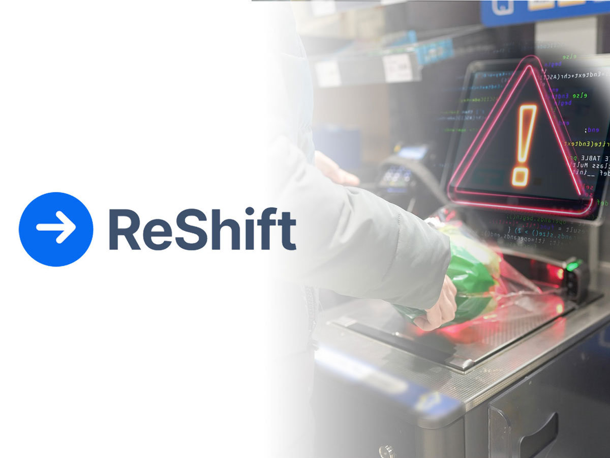 ReShift project logo next to a photo of a customer at a supermarket self-checkout machine.